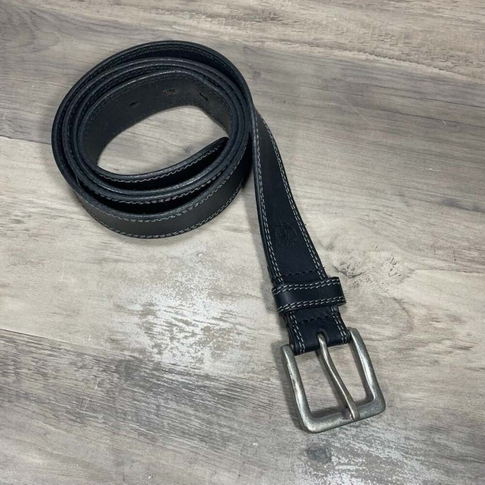 Timberland Black Leather Belt Made in India Men's 44" Silver Buckle